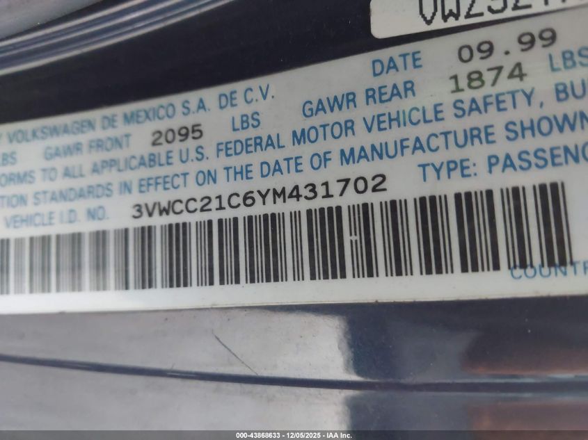 2000 Volkswagen New Beetle Gls VIN: 3VWCC21C6YM431702 Lot: 43868633