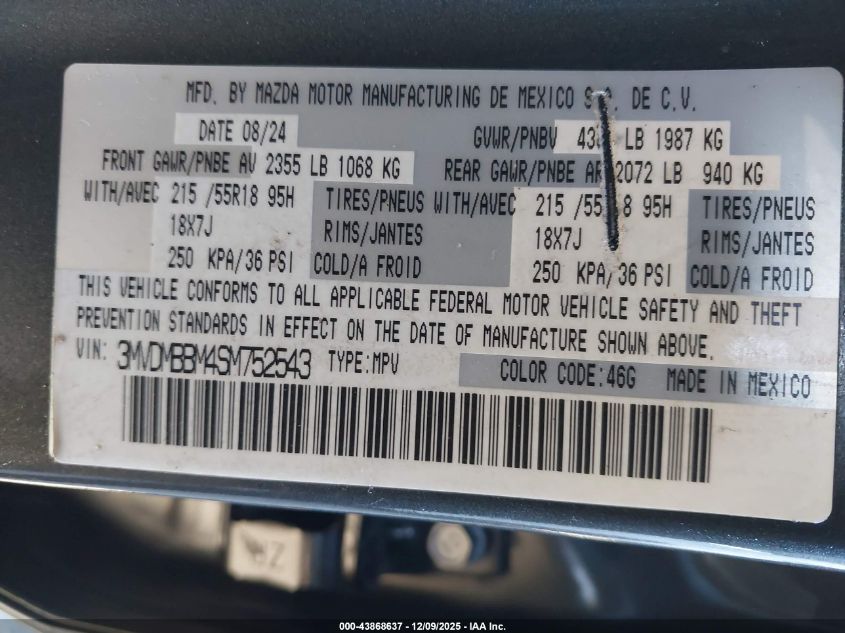 2025 Mazda Cx-30 2.5 S Select Sport VIN: 3MVDMBBM4SM752543 Lot: 43868637