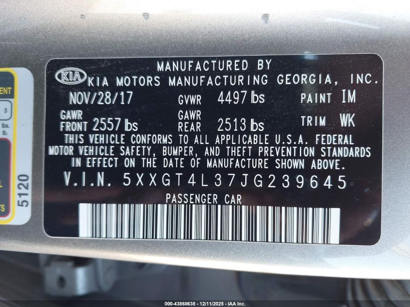 2018 Kia Optima Lx VIN: 5XXGT4L37JG239645 Lot: 43868638