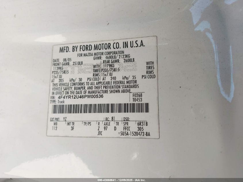 2006 Mazda B3000 Ds VIN: 4F4YR12U46PM00536 Lot: 43868641