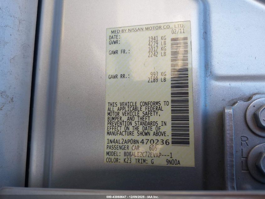 2011 Nissan Altima 2.5 S VIN: 1N4AL2AP0BN470236 Lot: 43868647