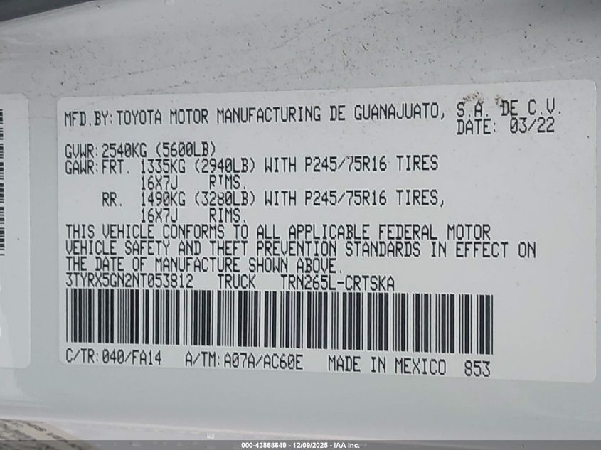 2022 Toyota Tacoma Sr VIN: 3TYRX5GN2NT053812 Lot: 43868649