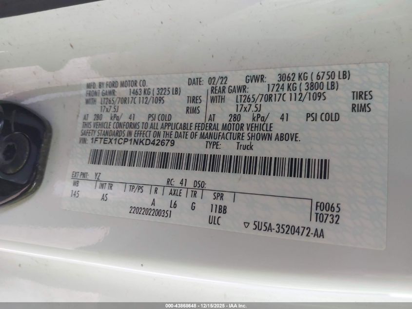 2022 Ford F-150 Xl VIN: 1FTEX1CP1NKD42679 Lot: 43868648