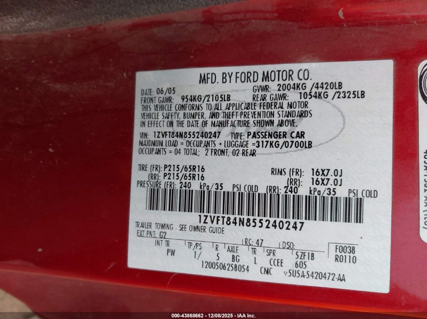 2005 Ford Mustang VIN: 1ZVFT84N855240247 Lot: 43868662