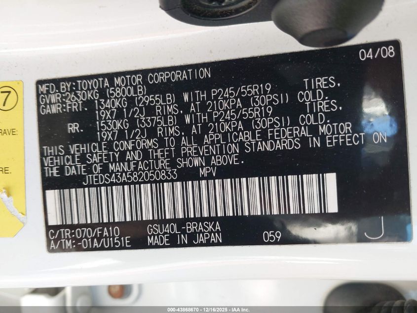 2008 Toyota Highlander Sport VIN: JTEDS43A582050833 Lot: 43868670