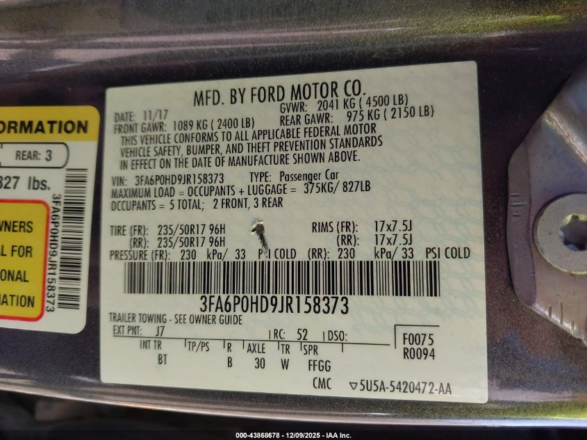 2018 Ford Fusion Se VIN: 3FA6P0HD9JR158373 Lot: 43868678