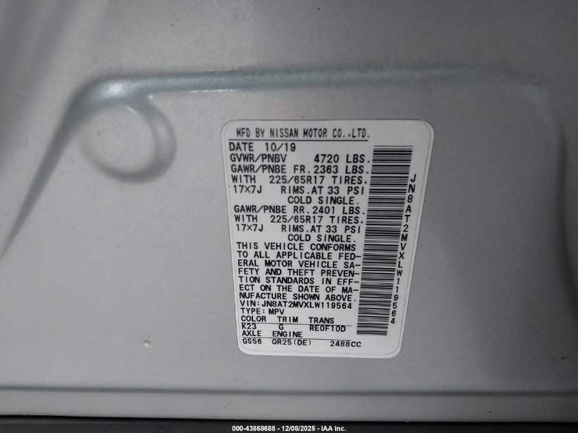 2020 Nissan Rogue Sv Intelligent Awd VIN: JN8AT2MVXLW119564 Lot: 43868688