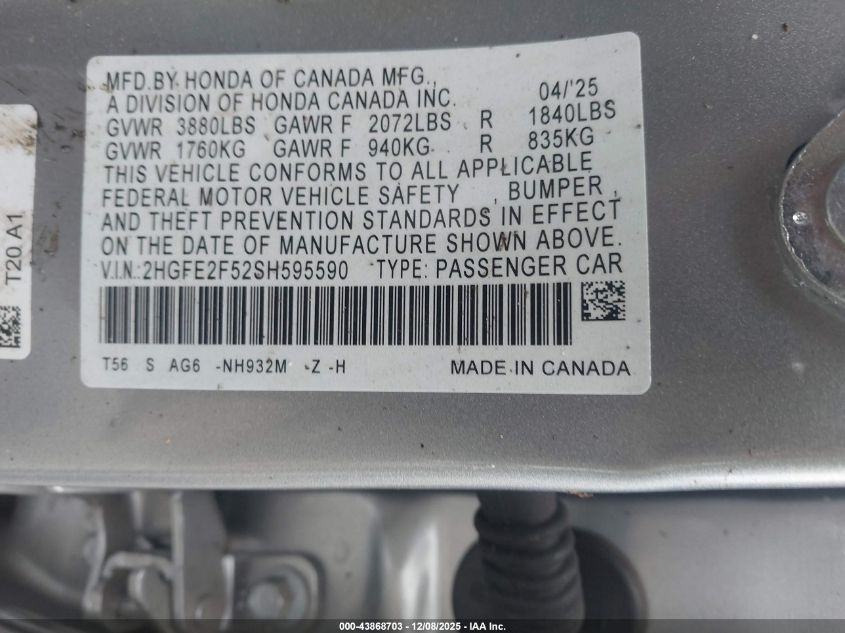 2025 Honda Civic Sport VIN: 2HGFE2F52SH595590 Lot: 43868703