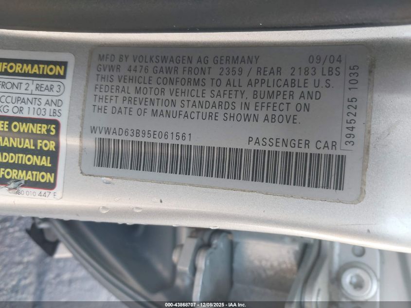 2005 Volkswagen Passat Gls 1.8T VIN: WVWAD63B95E061561 Lot: 43868707
