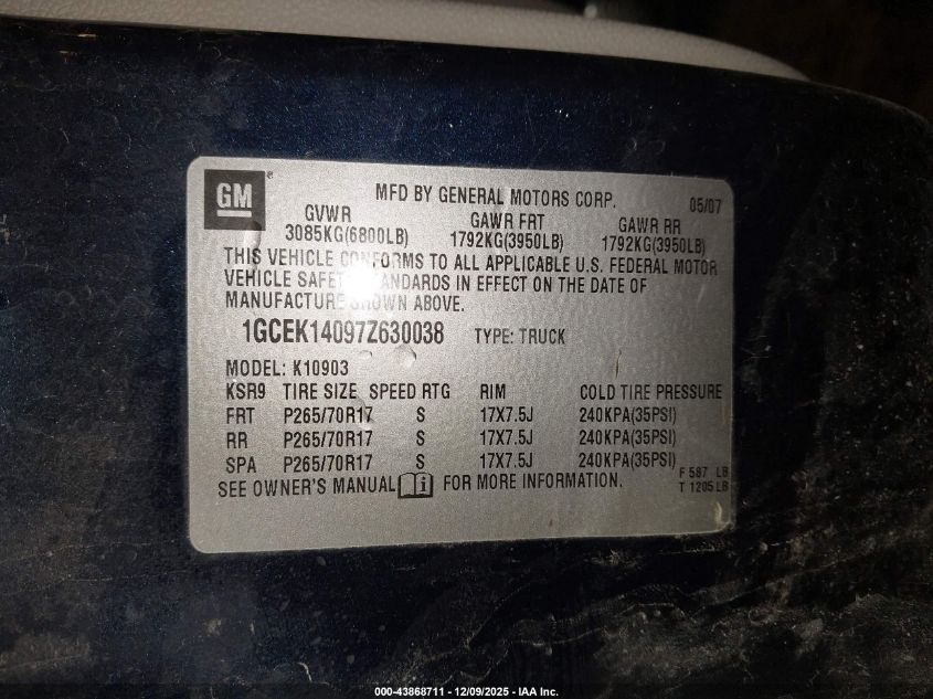 2007 Chevrolet Silverado 1500 Work Truck VIN: 1GCEK14097Z630038 Lot: 43868711
