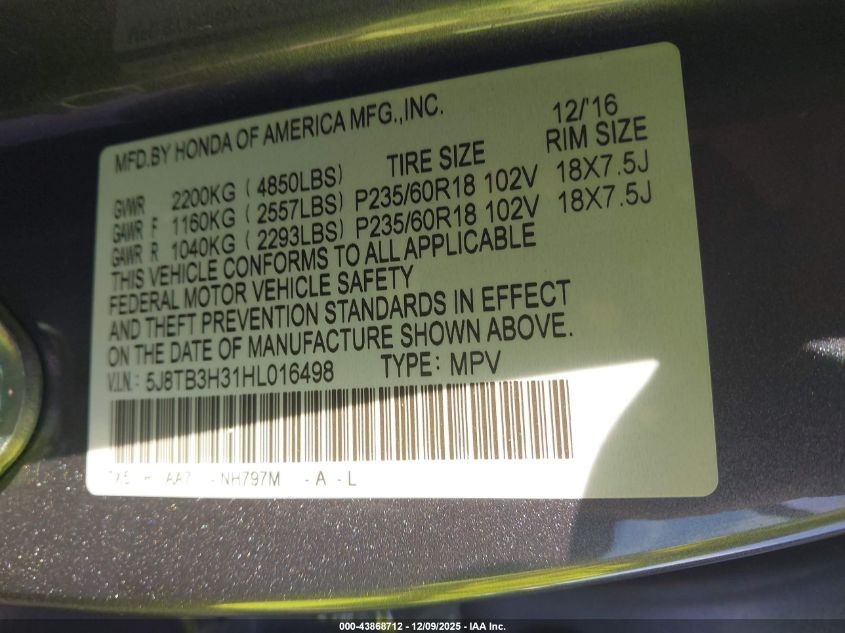 2017 Acura Rdx Acurawatch Plus Package VIN: 5J8TB3H31HL016498 Lot: 43868712