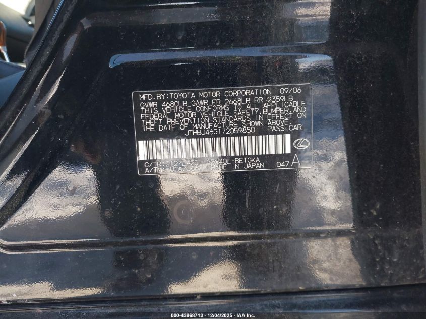 2007 Lexus Es 350 VIN: JTHBJ46G172059850 Lot: 43868713