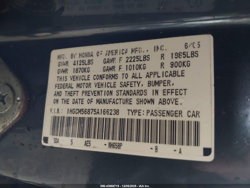2005 Honda Accord 2.4 Ex VIN: 1HGCM56875A166238 Lot: 43868715
