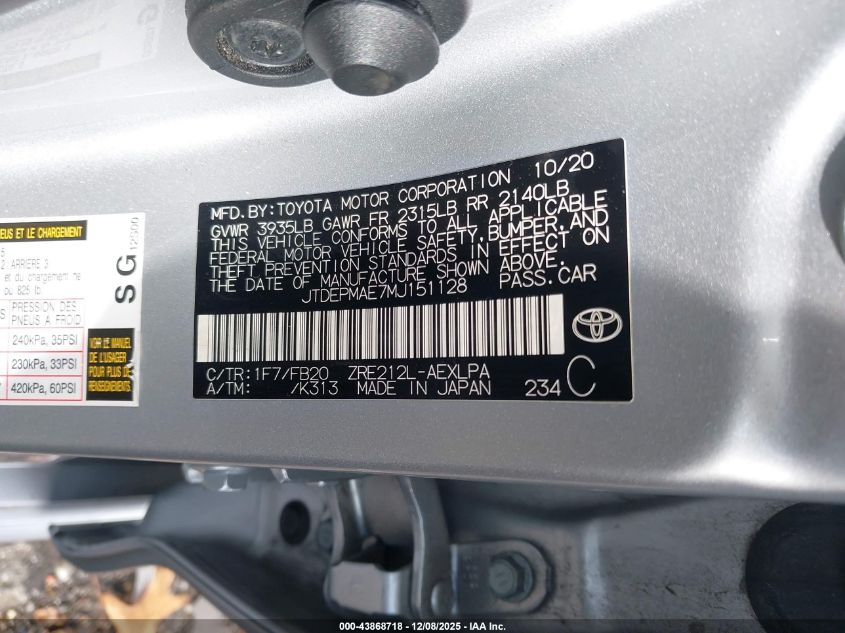 2021 Toyota Corolla Le VIN: JTDEPMAE7MJ151128 Lot: 43868718