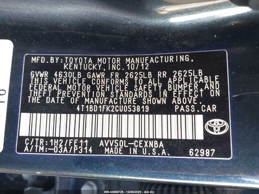 2012 Toyota Camry Hybrid Le/Xle VIN: 4T1BD1FK2CU053819 Lot: 43868725