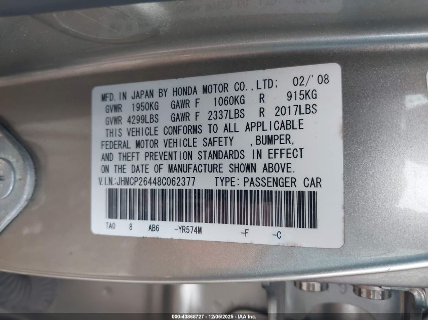 2008 Honda Accord 2.4 Lx-P VIN: JHMCP26448C062377 Lot: 43868727