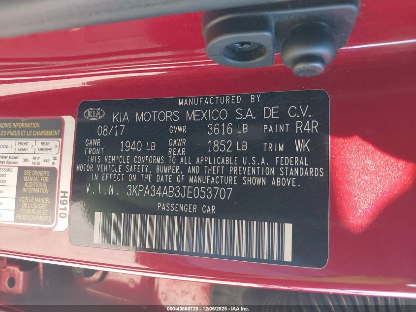 2018 Kia Rio Ex VIN: 3KPA34AB3JE053707 Lot: 43868728