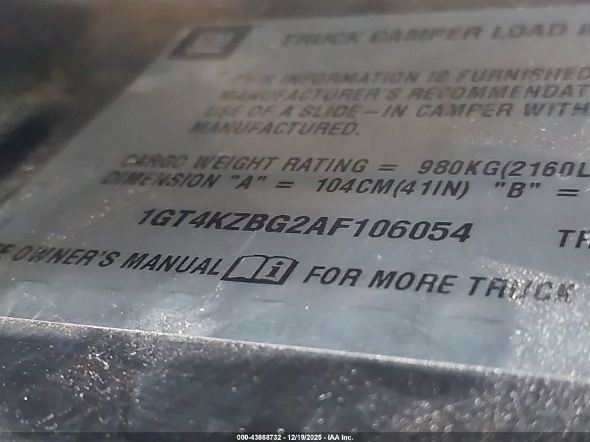 2010 GMC Sierra 2500Hd Work Truck VIN: 1GT4KZBG2AF106054 Lot: 43868732