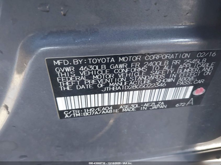 2016 Lexus Is 200T VIN: JTHBA1D28G5022346 Lot: 43868738