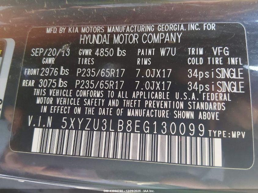 2014 Hyundai Santa Fe Sport 2.4L VIN: 5XYZU3LB8EG130099 Lot: 43868755