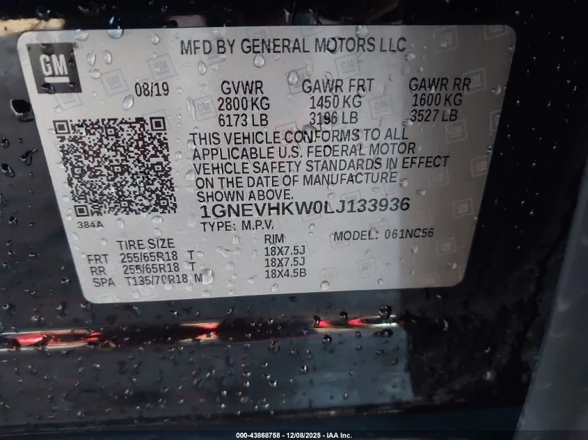 2020 Chevrolet Traverse Awd Lt Leather VIN: 1GNEVHKW0LJ133936 Lot: 43868758