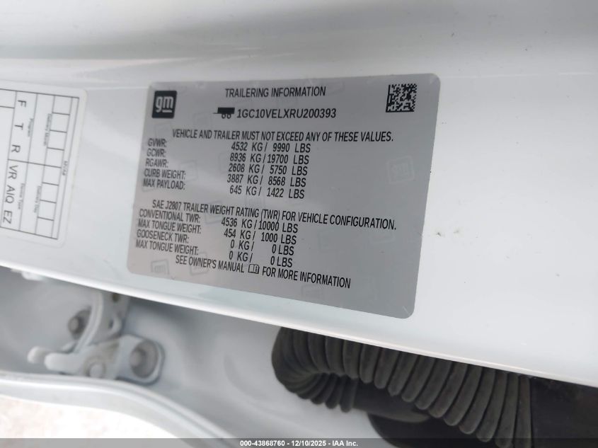 2024 Chevrolet Silverado Ev Work Truck VIN: 1GC10VELXRU200393 Lot: 43868760