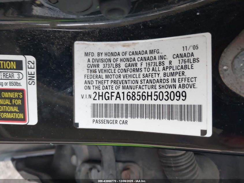 2006 Honda Civic Ex VIN: 2HGFA16856H503099 Lot: 43868770