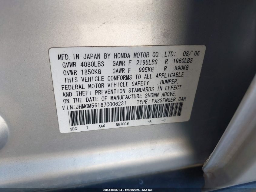 2007 Honda Accord 2.4 Vp VIN: JHMCM56167C006231 Lot: 43868784