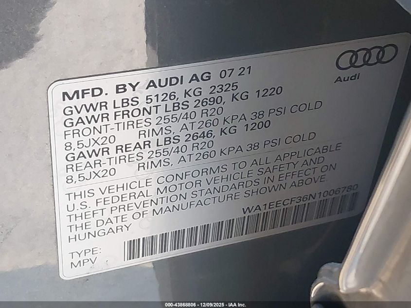 2022 Audi Q3 Premium Plus 45 Tfsi S Line Quattro Tiptronic VIN: WA1EECF36N1006780 Lot: 43868806