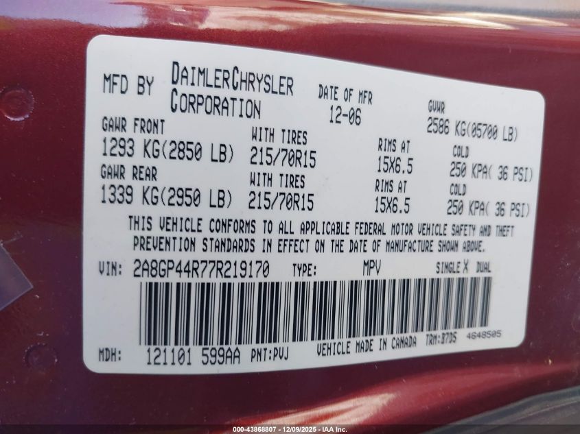 2007 Chrysler Town & Country Lx VIN: 2A8GP44R77R219170 Lot: 43868807