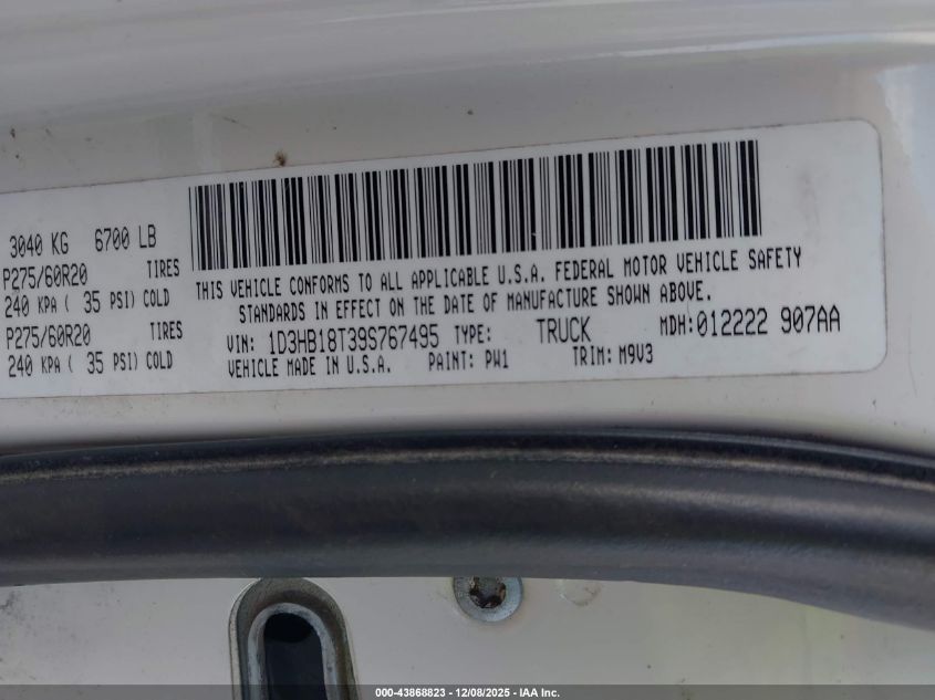 2009 Dodge Ram 1500 Slt/Sport/Trx VIN: 1D3HB18T39S767495 Lot: 43868823
