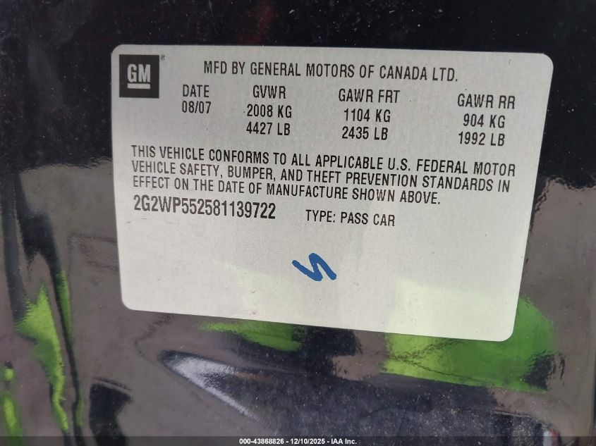 2008 Pontiac Grand Prix VIN: 2G2WP552581139722 Lot: 43868826