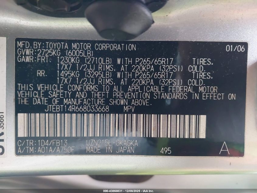 2006 Toyota 4Runner Sr5 Sport V8 VIN: JTEBT14R668033668 Lot: 43868831