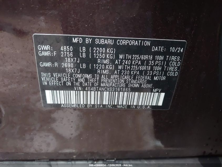 2025 Subaru Outback Limited VIN: 4S4BTANCXS3161865 Lot: 43868834