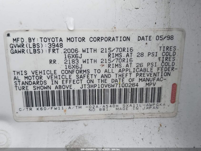 1998 Toyota Rav4 VIN: JT3HP10V6W7100284 Lot: 43868839