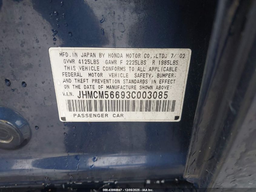 2003 Honda Accord 2.4 Ex VIN: JHMCM56693C003085 Lot: 43868847