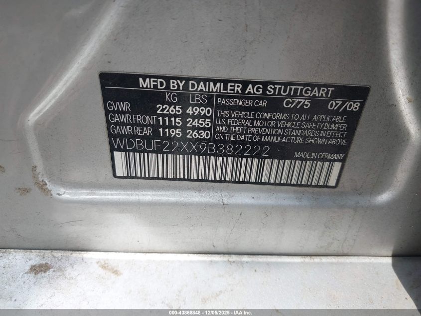 2009 Mercedes-Benz E 320 Bluetec VIN: WDBUF22XX9B382222 Lot: 43868848