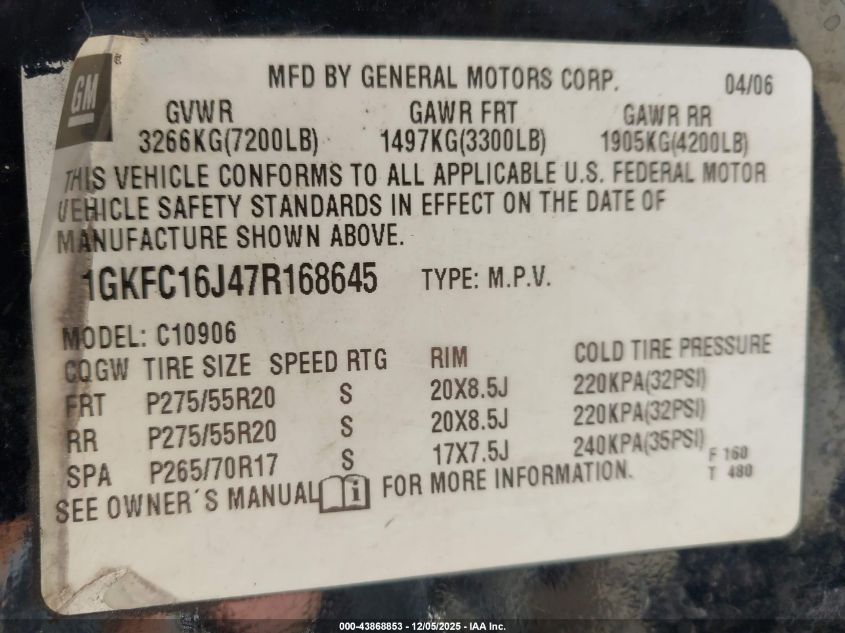 2007 GMC Yukon Xl 1500 Slt VIN: 1GKFC16J47R168645 Lot: 43868853