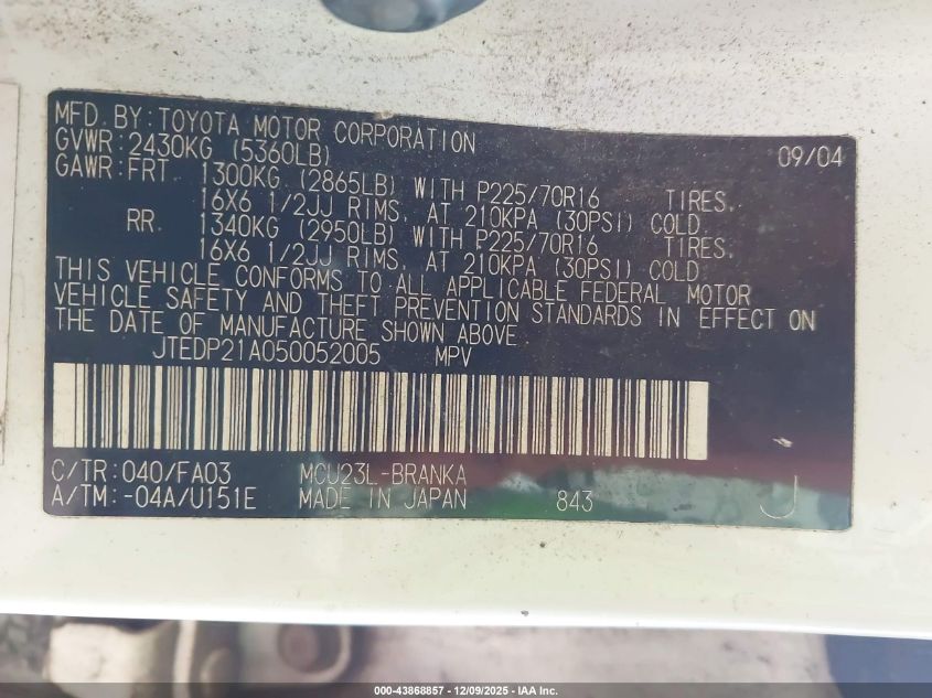 2005 Toyota Highlander V6 VIN: JTEDP21A050052005 Lot: 43868857