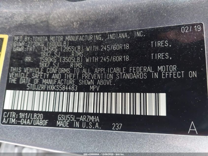 2019 Toyota Highlander Xle VIN: 5TDJZRFHXKS584483 Lot: 43868864