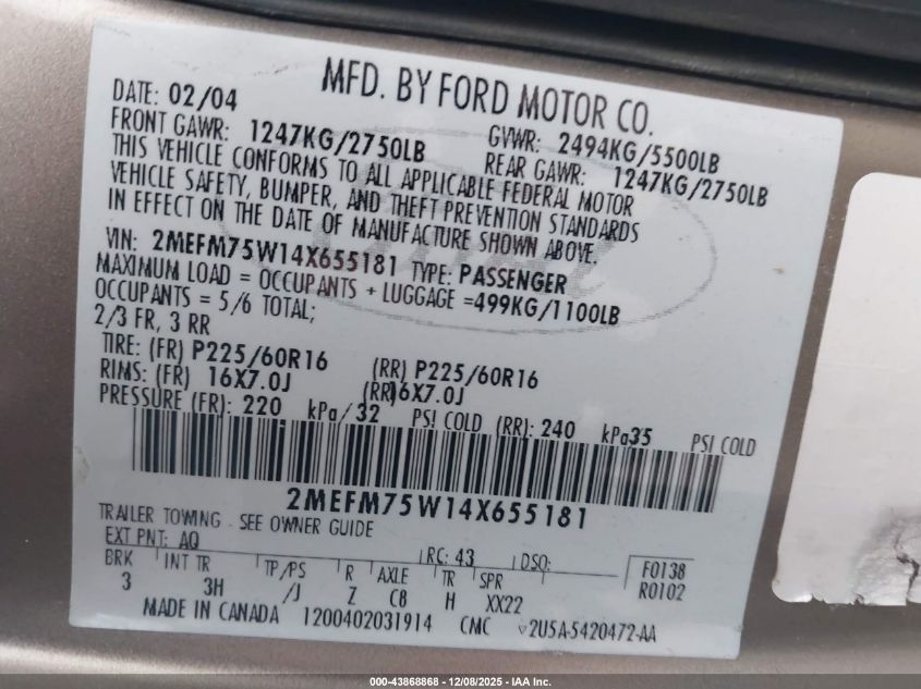 2004 Mercury Grand Marquis Ls VIN: 2MEFM75W14X655181 Lot: 43868868