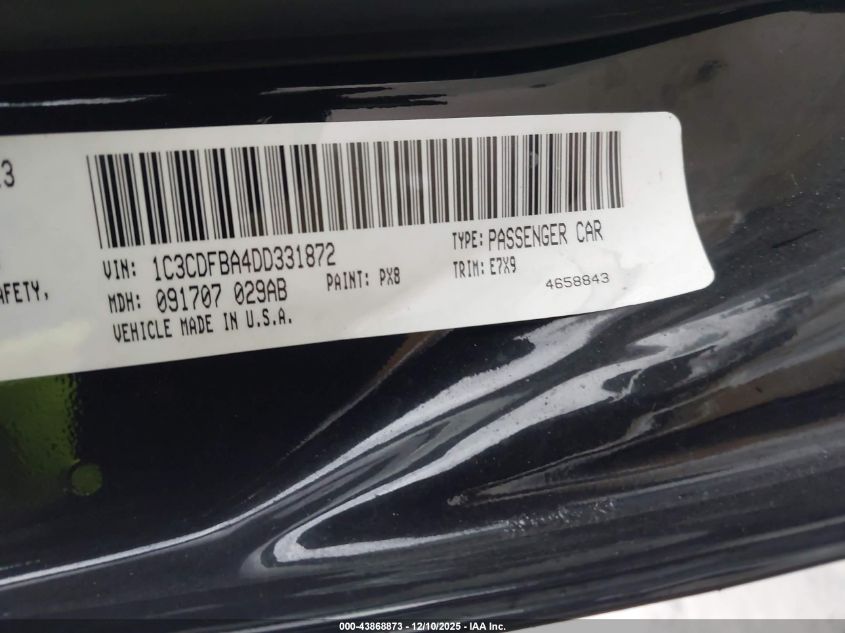 2013 Dodge Dart Sxt VIN: 1C3CDFBA4DD331872 Lot: 43868873