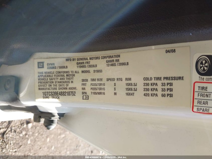 2008 GMC Canyon Sle1 VIN: 1GTCS39E488210752 Lot: 43868874