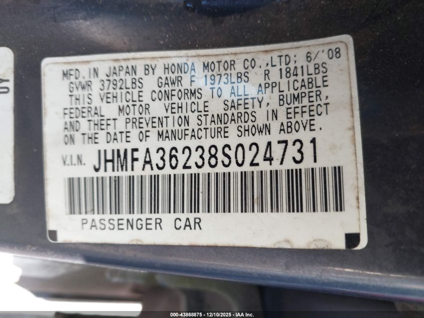 2008 Honda Civic Hybrid VIN: JHMFA36238S024731 Lot: 43868875