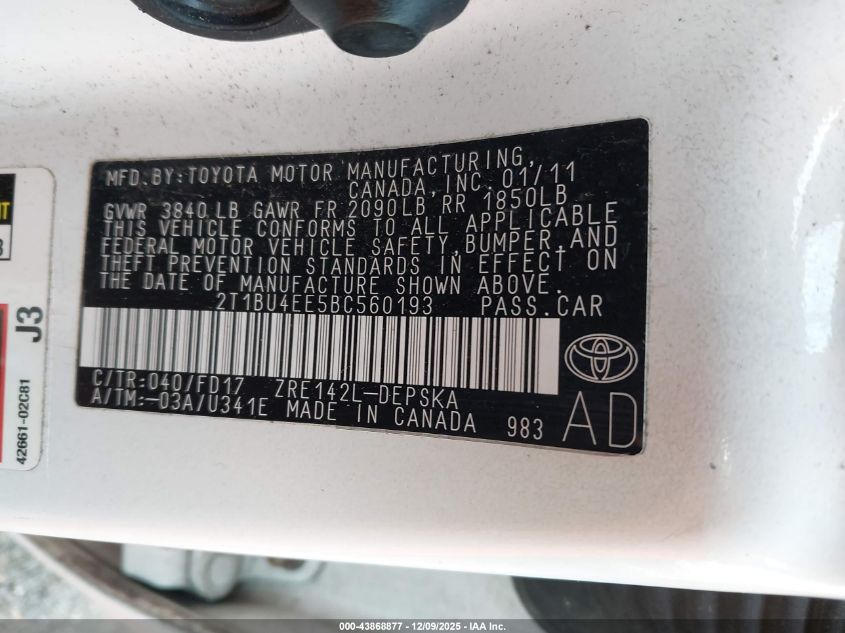 2011 Toyota Corolla S VIN: 2T1BU4EE5BC560193 Lot: 43868877