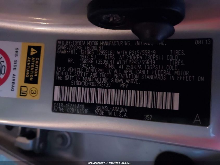 2013 Toyota Highlander Limited V6 VIN: 5TDDK3EHXDS252739 Lot: 43868887