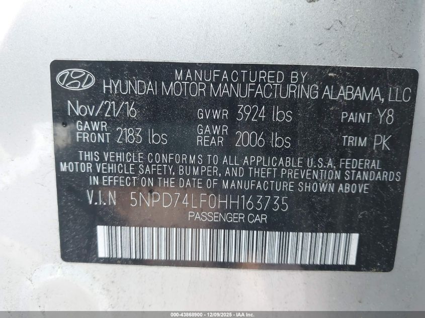 2017 Hyundai Elantra Se VIN: 5NPD74LF0HH163735 Lot: 43868900