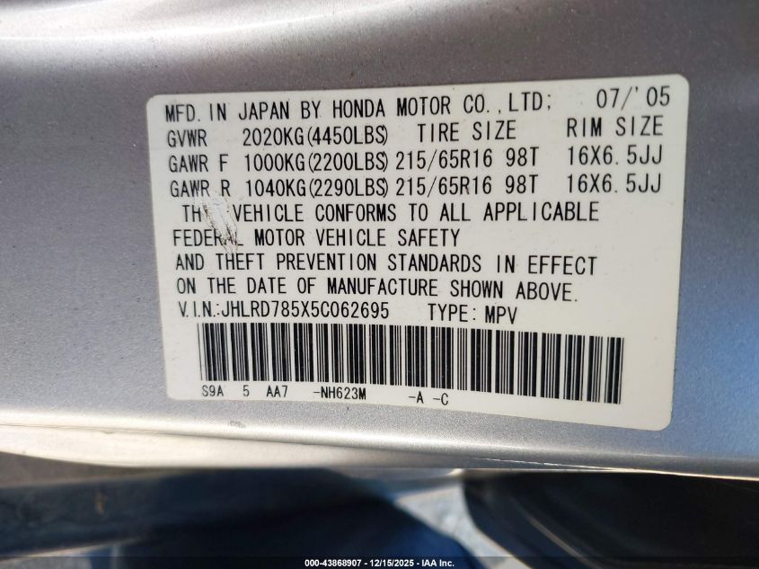2005 Honda Cr-V Lx VIN: JHLRD785X5C062695 Lot: 43868907