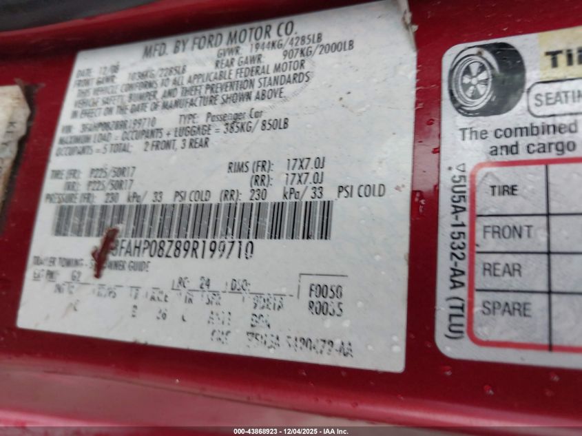 2009 Ford Fusion Sel VIN: 3FAHP08Z89R199710 Lot: 43868923