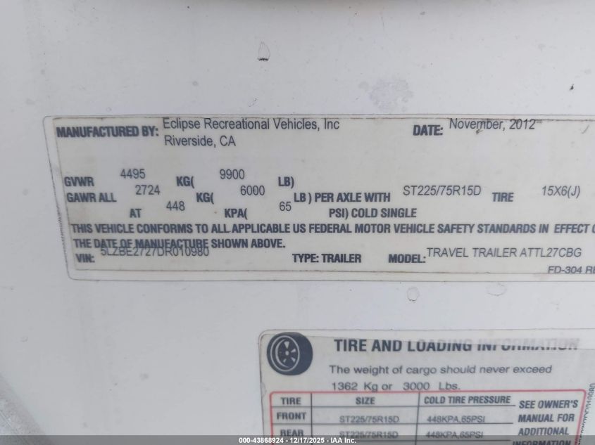 2013 Eclipse Attitude VIN: 5LZBE2727DR010980 Lot: 43868924